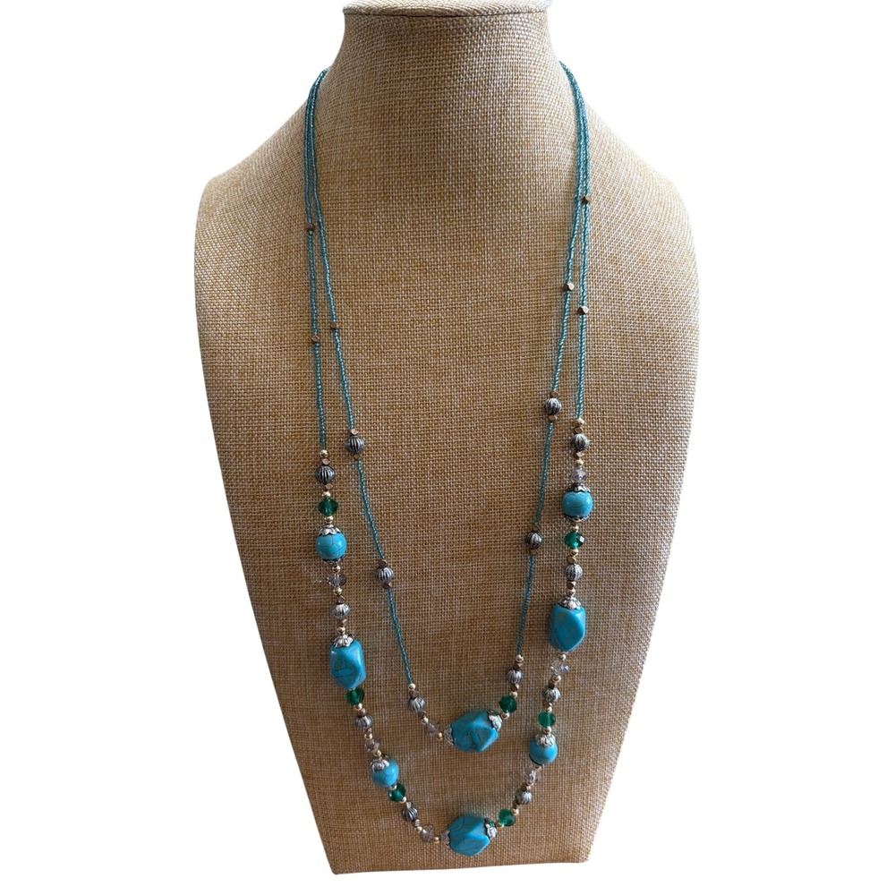 Vintage‎ Boho Teal Beaded Layered Necklace Turquoise Style  Silver Tone Eclectic